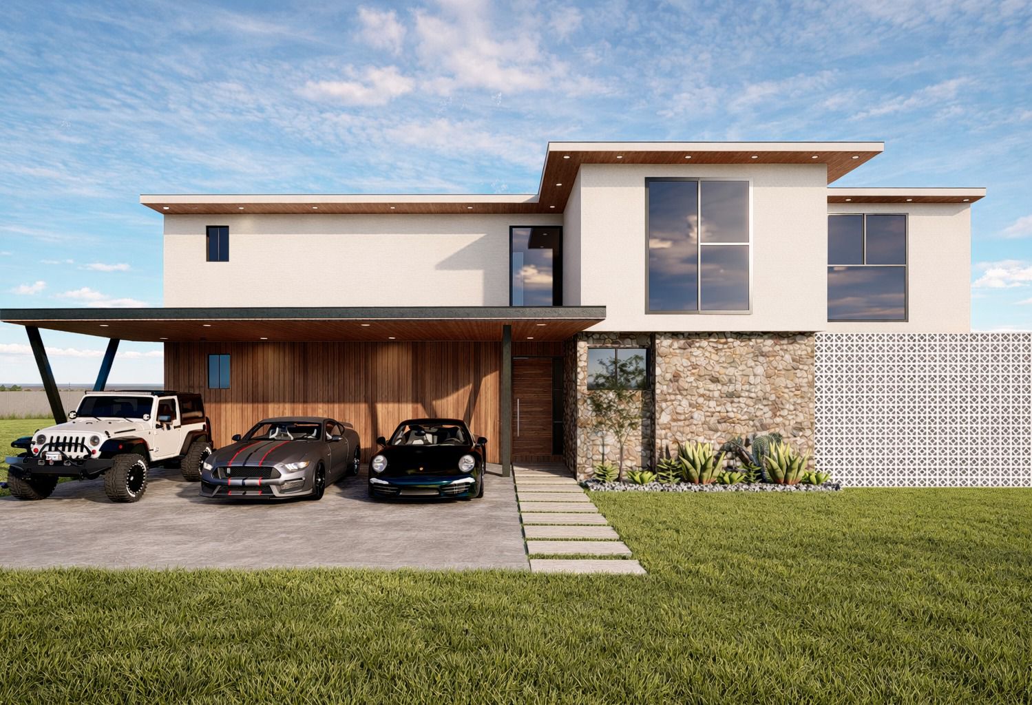 Fachada residencial con acabados de madera, piedra y celosía